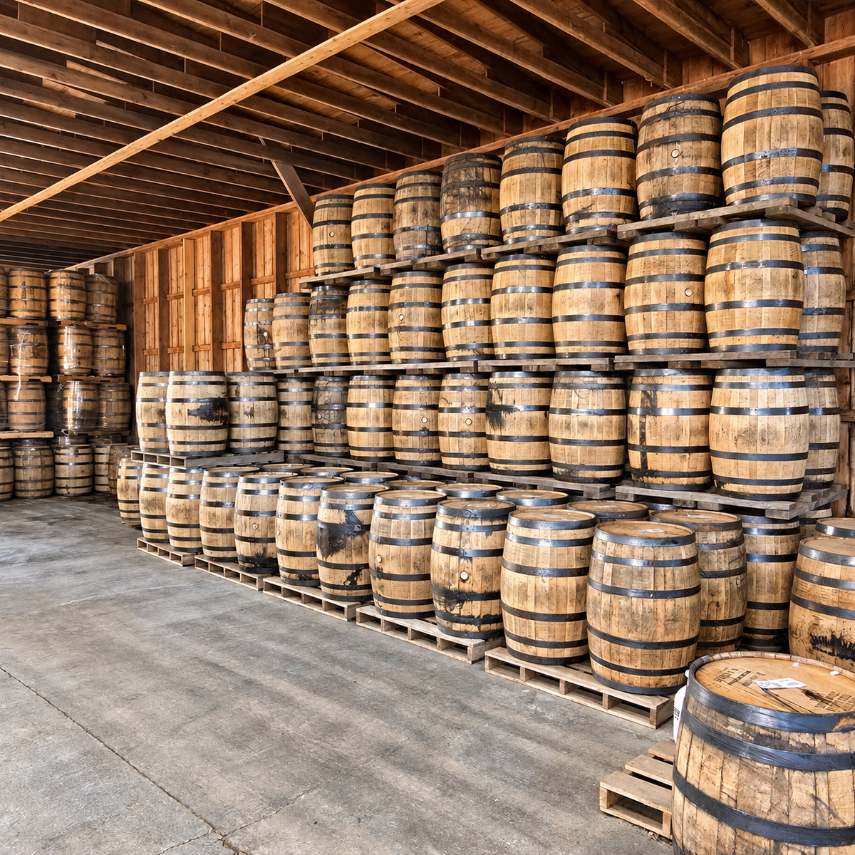 Reclaimed whiskey barrels stacked on pallets inside Goodwood’s storage barn