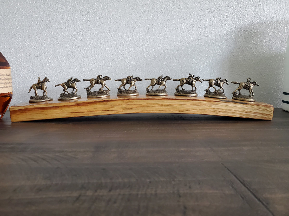 Front view of Blanton's bottle stopper display made from a Buffalo Trace bourbon barrel stave.