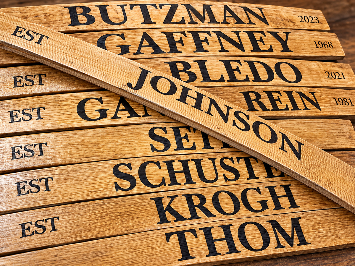 Personalized family-name signs made from barrel staves