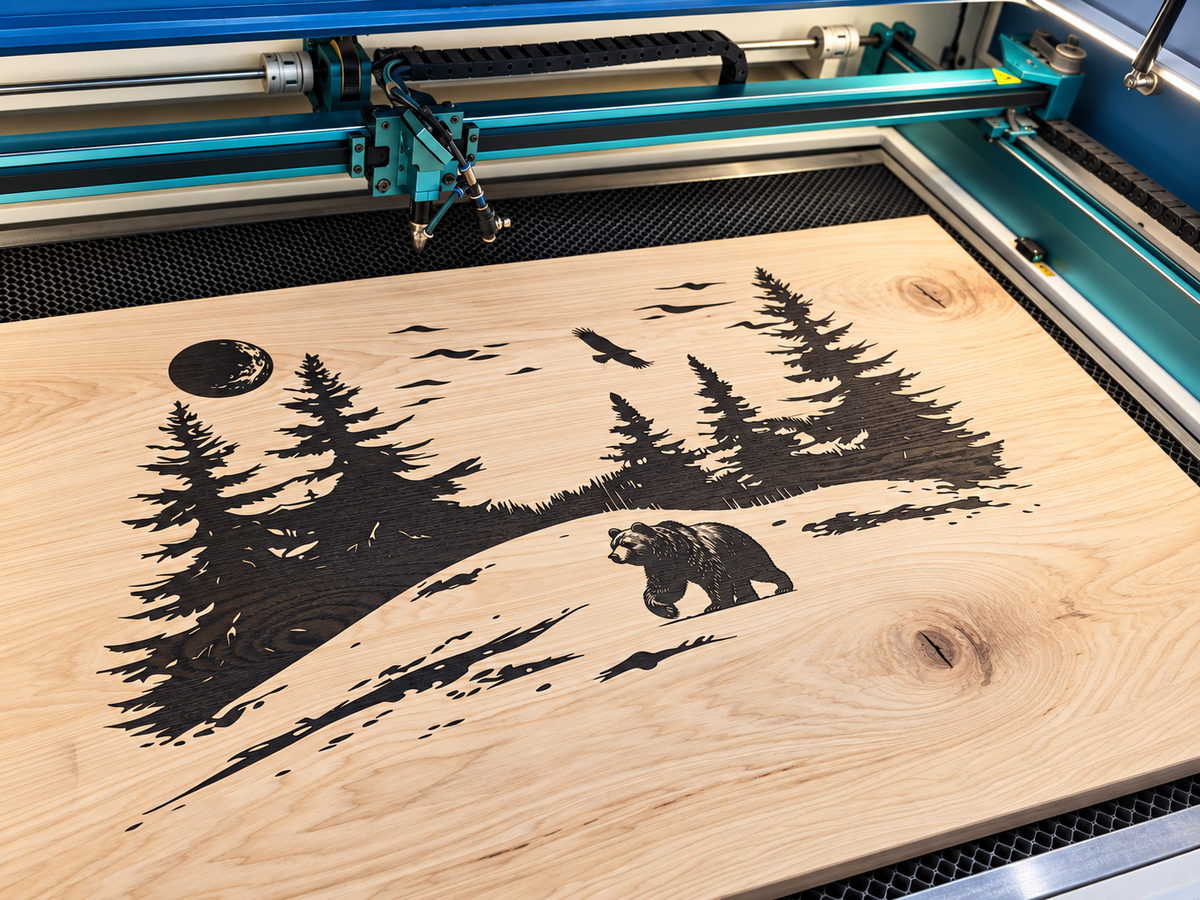 Wood panel with a woodland bear scene beneath a laser engraving head