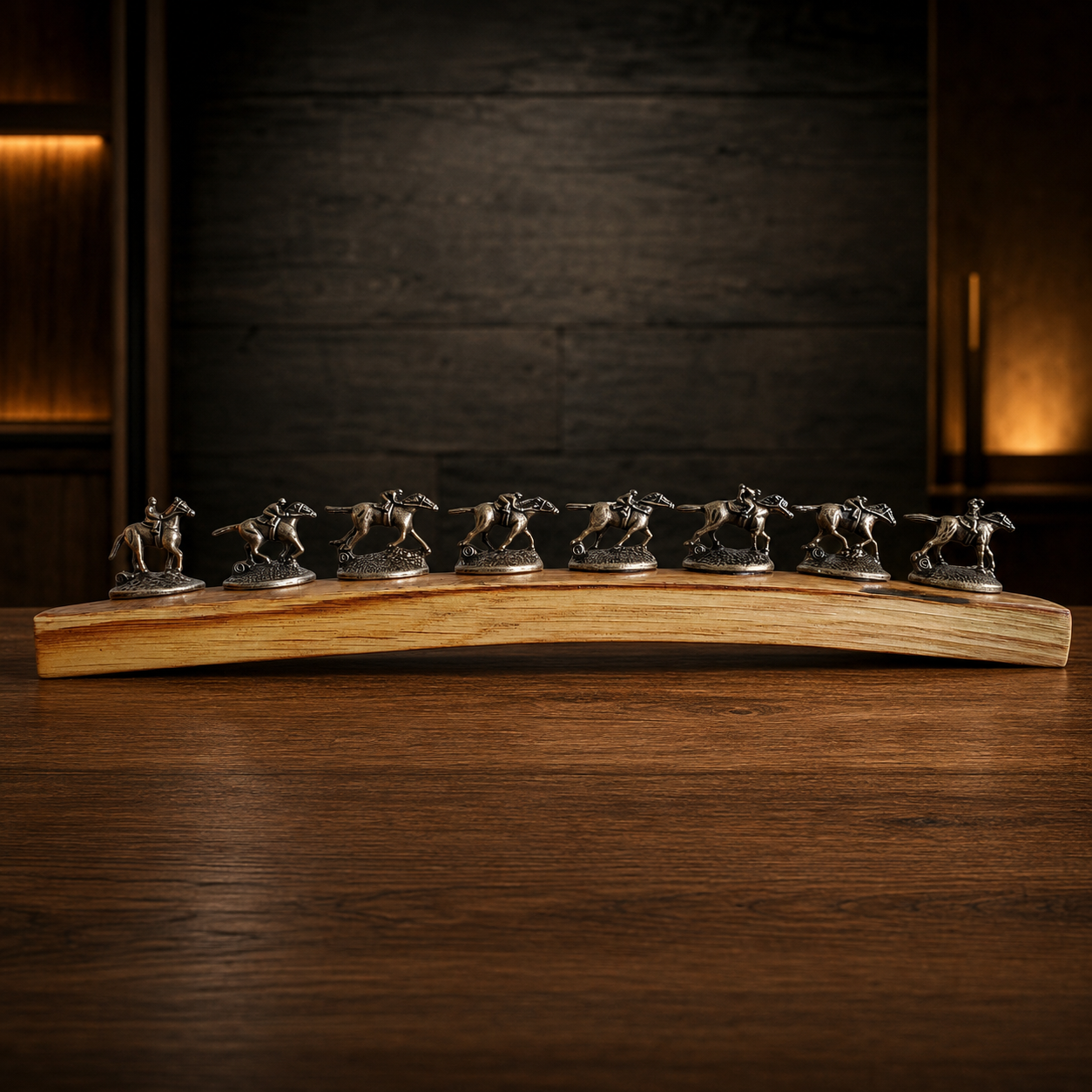 Blanton's bottle stopper display styled in a dark wood home-bar setting.