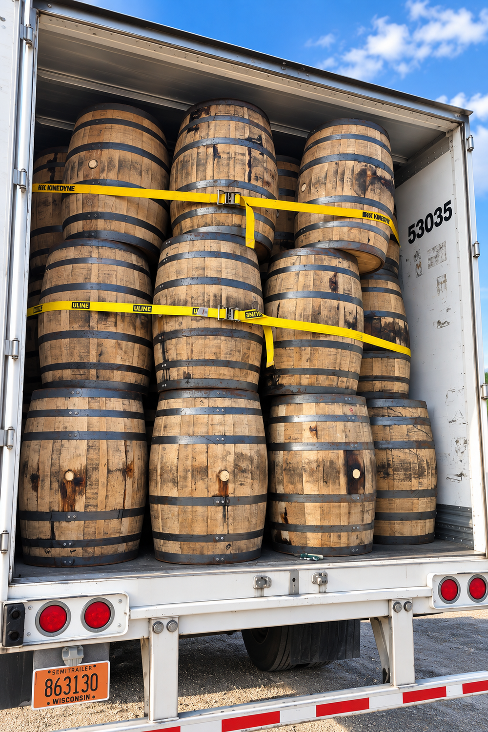 Reclaimed whiskey barrels loaded and secured with straps in a trailer for transport