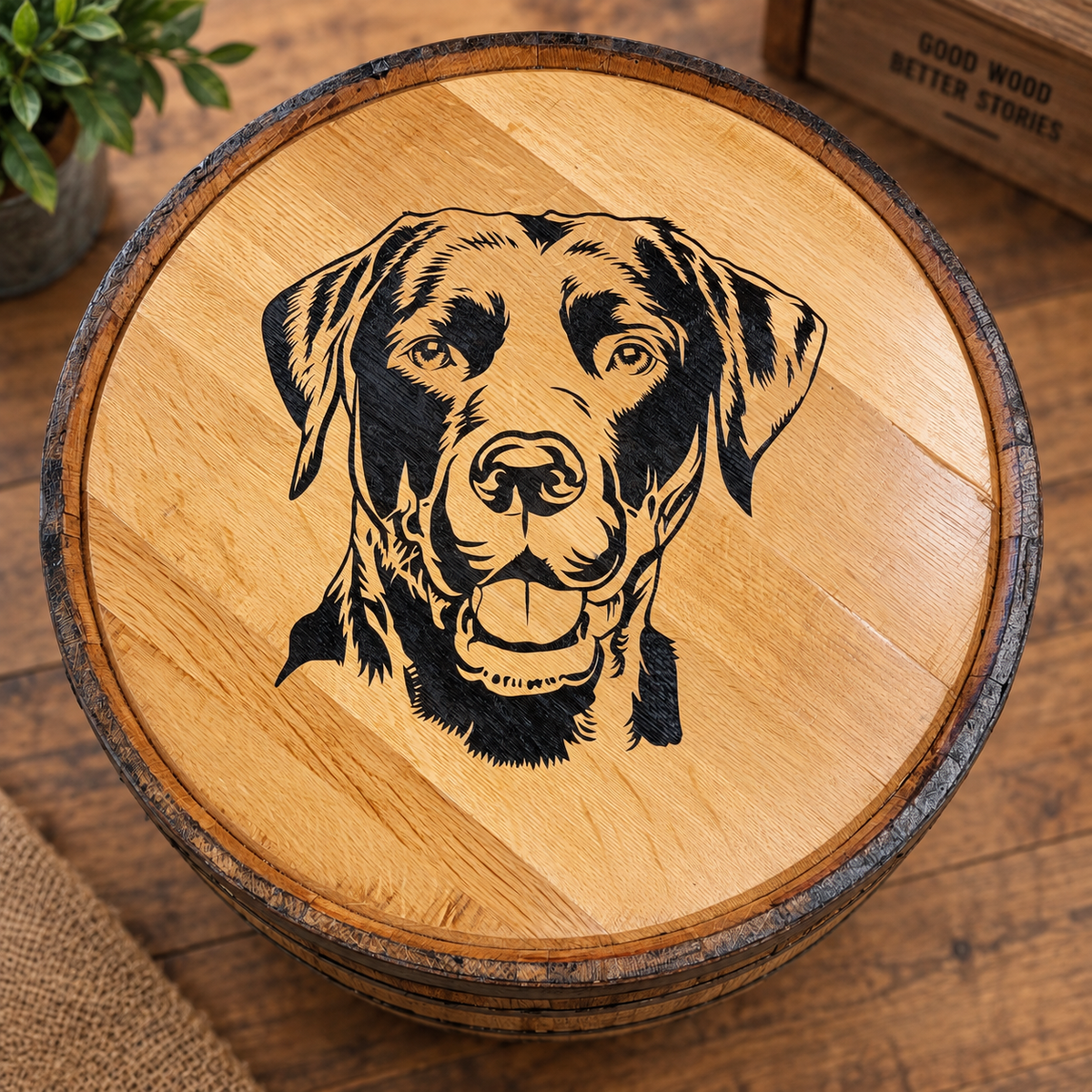 Whiskey barrel head engraved with a detailed Labrador dog portrait