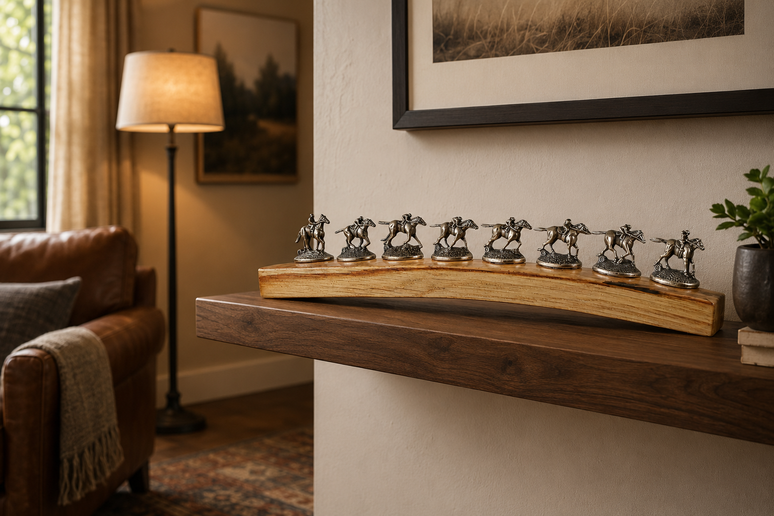 Blanton's bottle stopper display arranged on a walnut shelf in a warm living room.