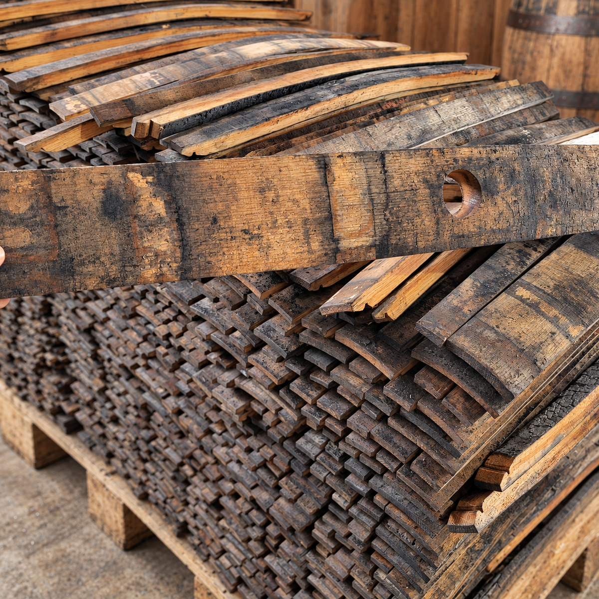 Stacks of reclaimed whiskey barrel staves showing curved profiles, grain and dark char