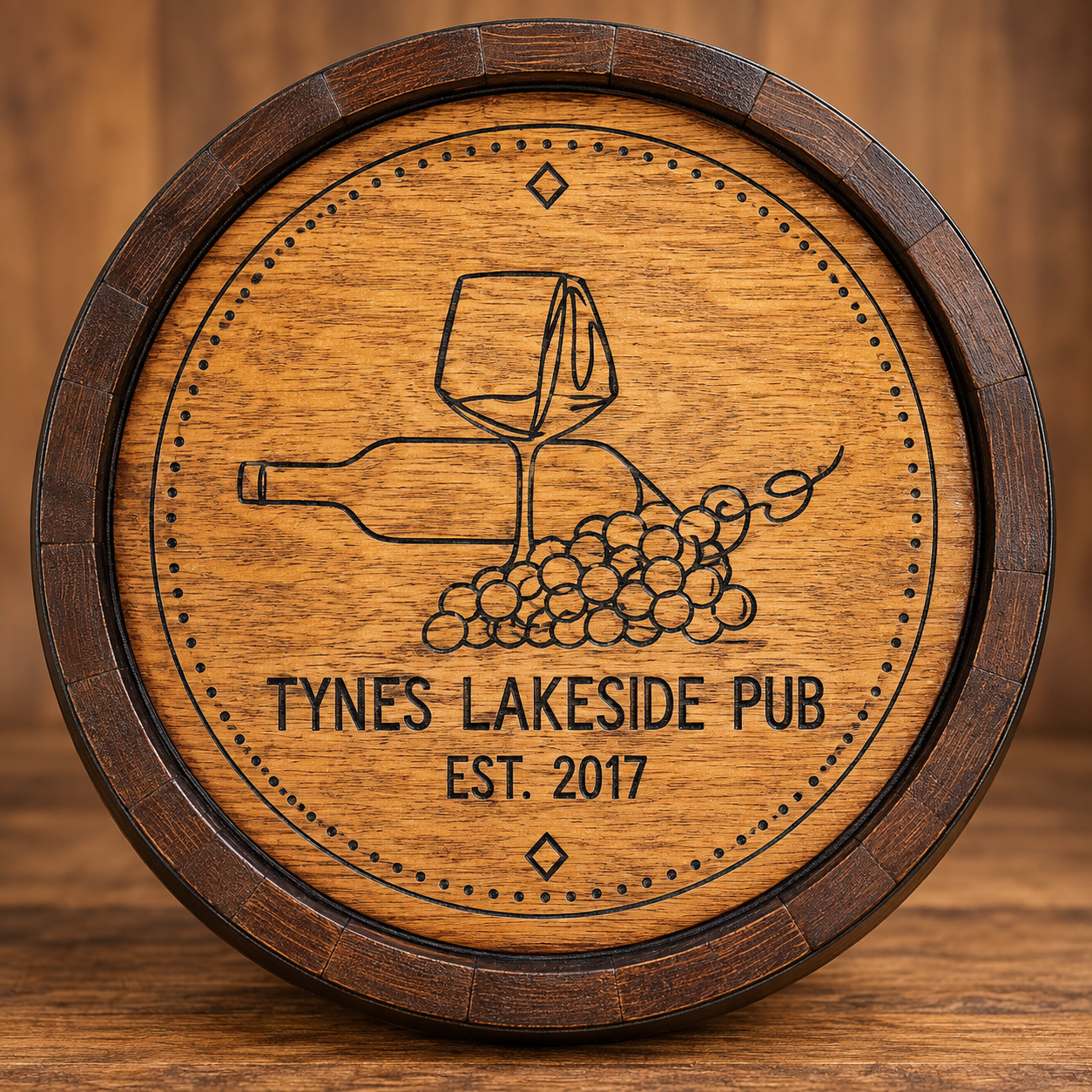 Custom engraved Tynes Lakeside Pub barrel head with wine bottle and grape artwork