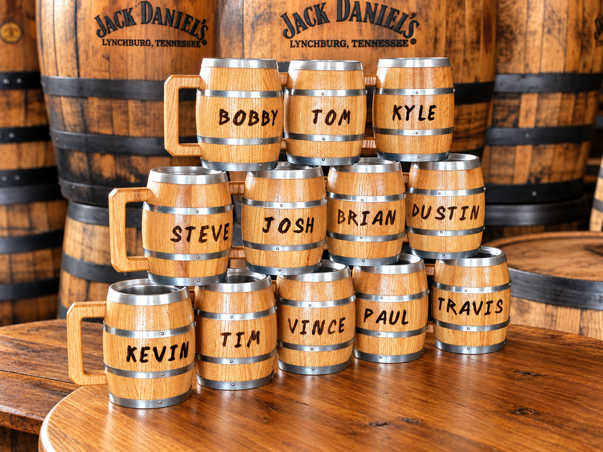 Batch of wooden barrel-style mugs engraved with individual names