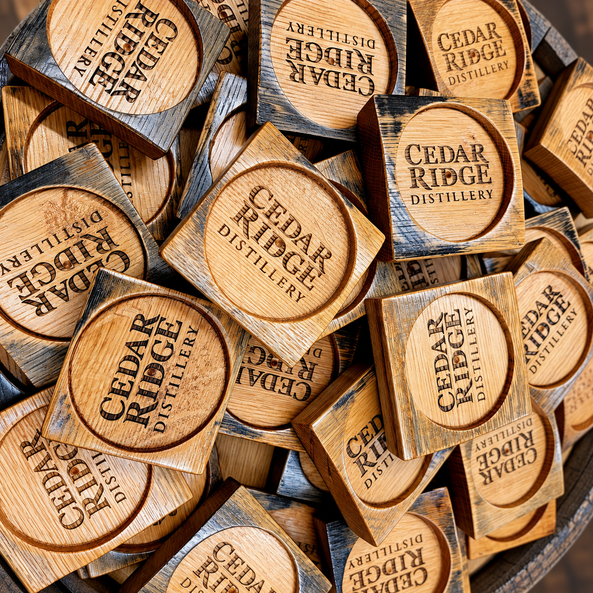 Batch of custom engraved wooden coasters produced for a business order