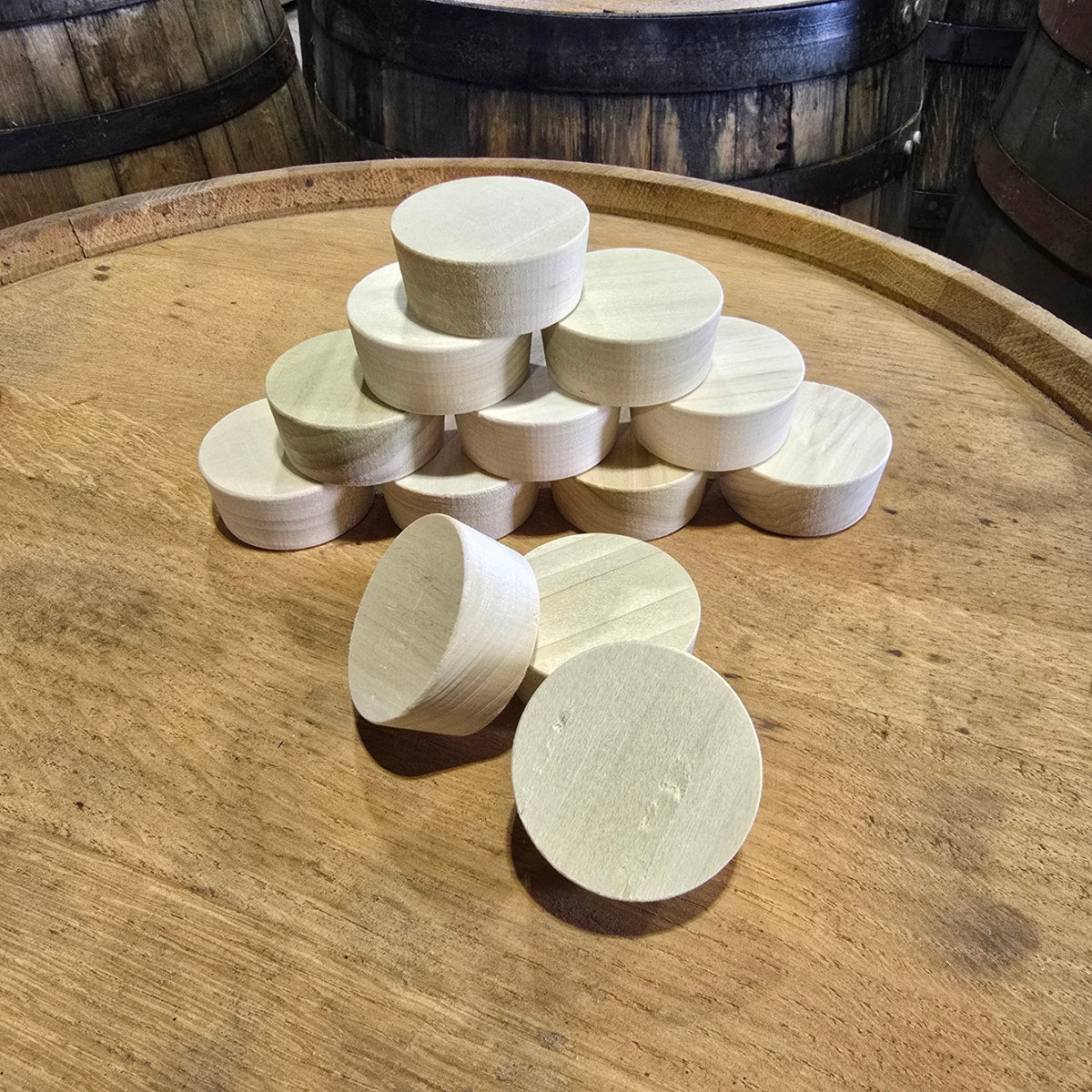 Poplar barrel bung plugs on a whiskey barrel