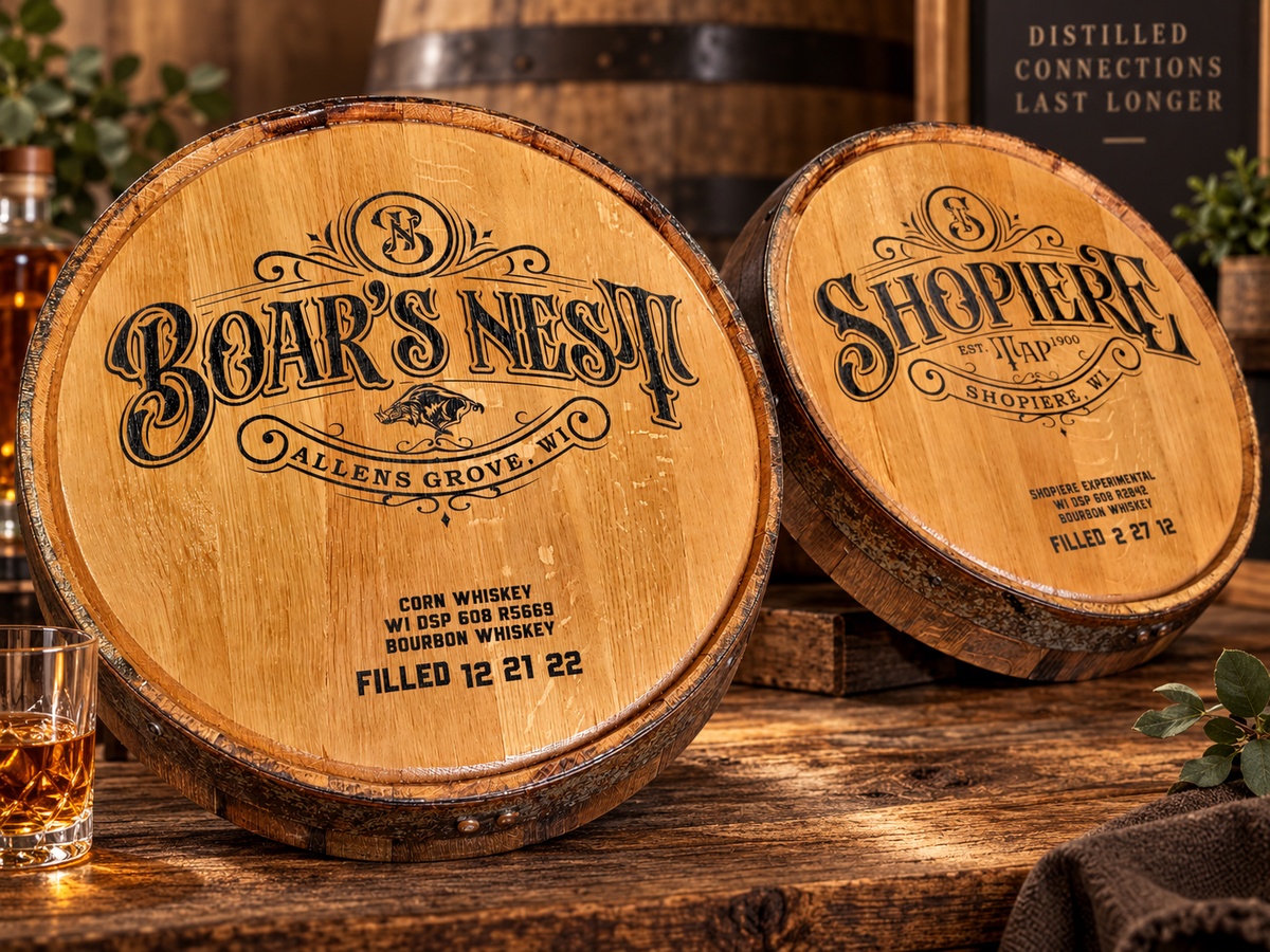 Boar's Nest and Shopiere branded whiskey barrel heads in a rustic display