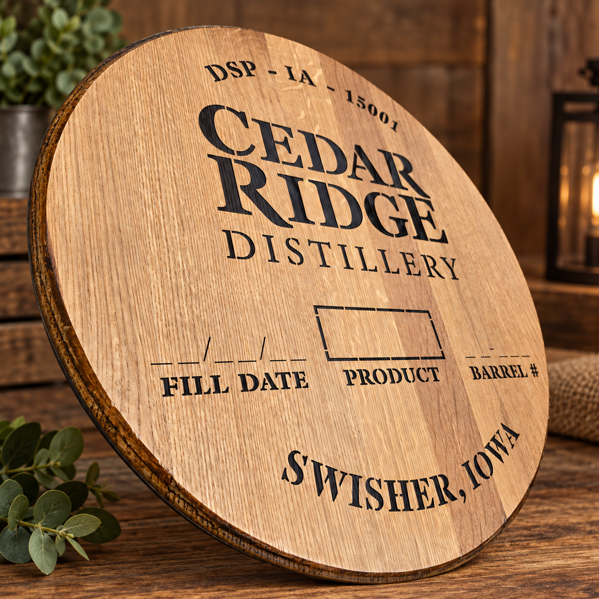 Cedar Ridge Distillery branded barrel head displayed against a warm rustic background