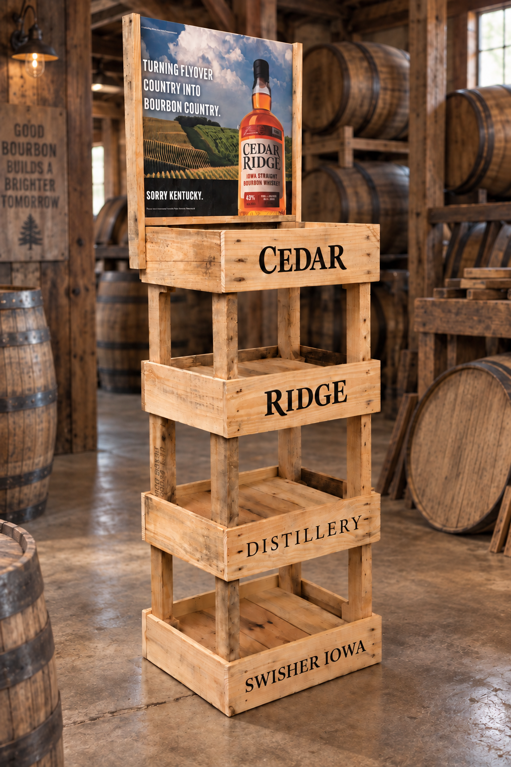 Cedar Ridge Distillery custom wooden floor display with branded shelves and a product sign
