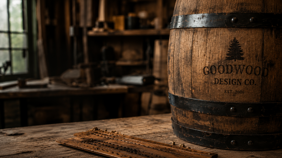 Goodwood Design Co. branded barrel in the Wisconsin workshop