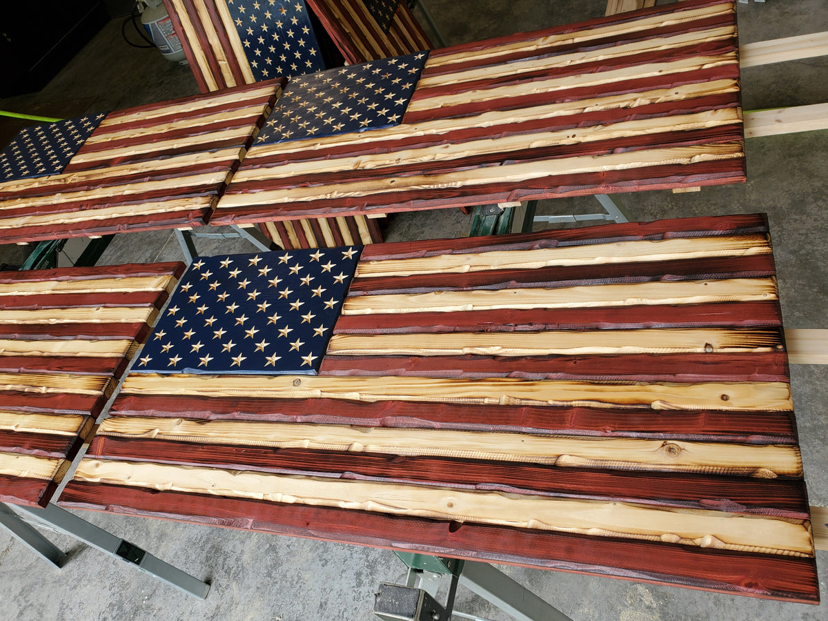 Original Goodwood handcrafted rustic American flags in the workshop