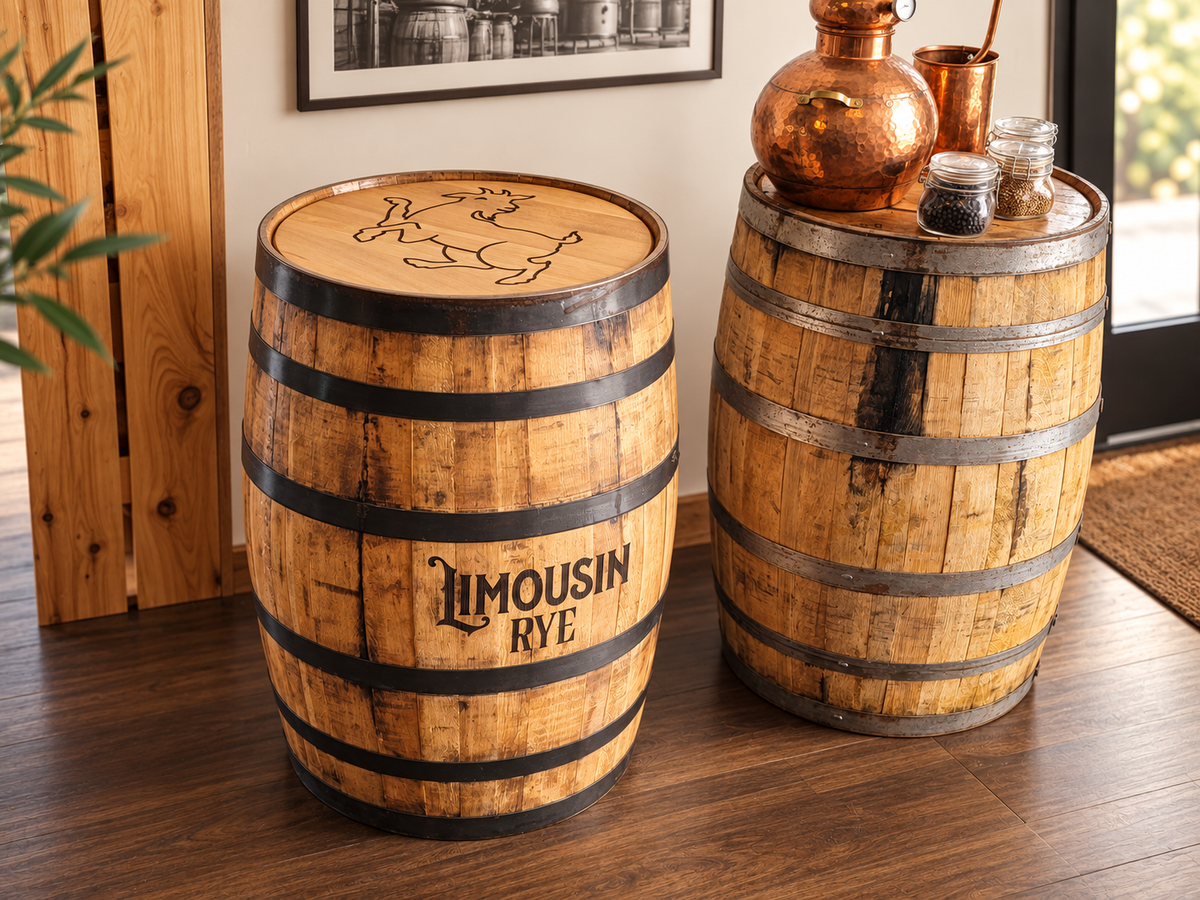 Limousin Rye branded whiskey barrels displayed in a refined distillery setting