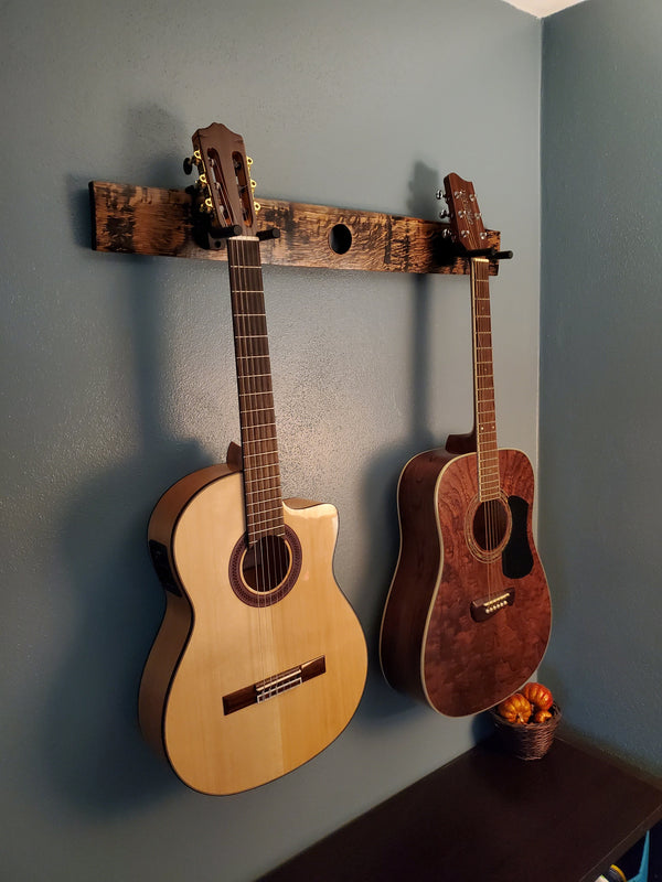 Whiskey Barrel Stave 2 Guitar Holder, Whiskey Barrel Stave Guitar Wall Mount, Guitar Hanger, Guitar Rack, Rustic Guitar Hanger