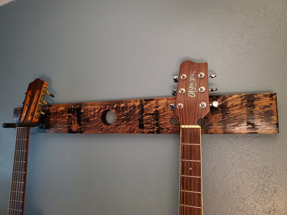Whiskey Barrel Stave 2 Guitar Holder, Whiskey Barrel Stave Guitar Wall Mount, Guitar Hanger, Guitar Rack, Rustic Guitar Hanger