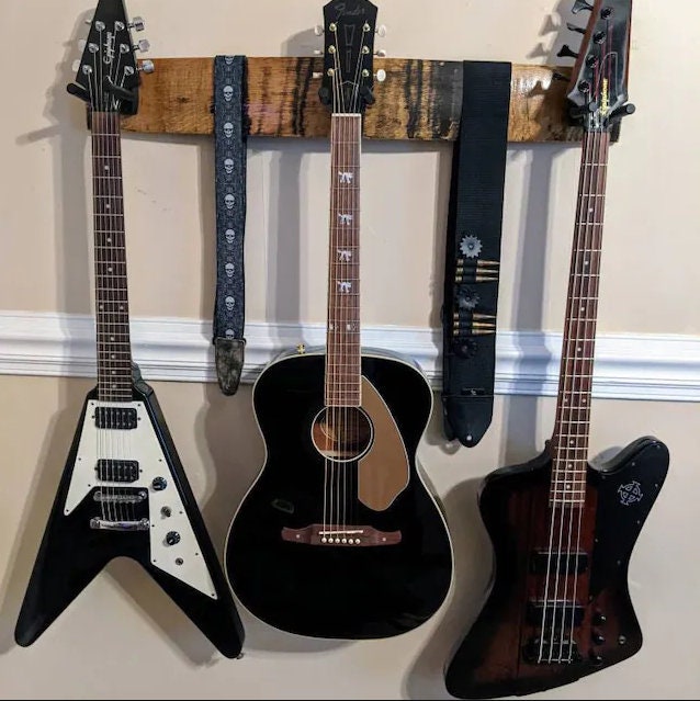 Whiskey Barrel Stave 3 Guitar Holder, Whiskey Barrel Stave Guitar Wall Mount, Guitar Hanger, Guitar Rack, Rustic Guitar Hanger
