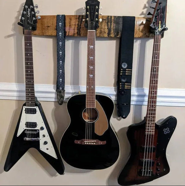 Whiskey Barrel Stave 3 Guitar Holder, Whiskey Barrel Stave Guitar Wall Mount, Guitar Hanger, Guitar Rack, Rustic Guitar Hanger