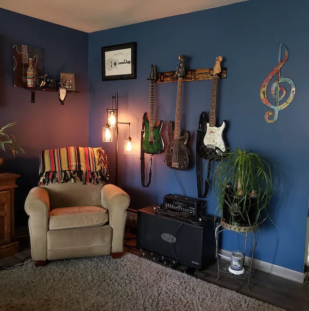Whiskey Barrel Stave 3 Guitar Holder, Whiskey Barrel Stave Guitar Wall Mount, Guitar Hanger, Guitar Rack, Rustic Guitar Hanger