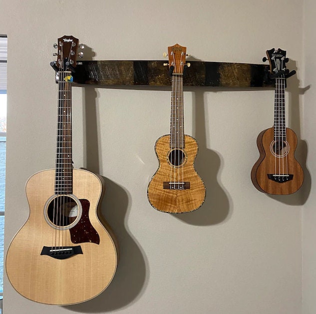 Whiskey Barrel Stave 3 Guitar Holder, Whiskey Barrel Stave Guitar Wall Mount, Guitar Hanger, Guitar Rack, Rustic Guitar Hanger